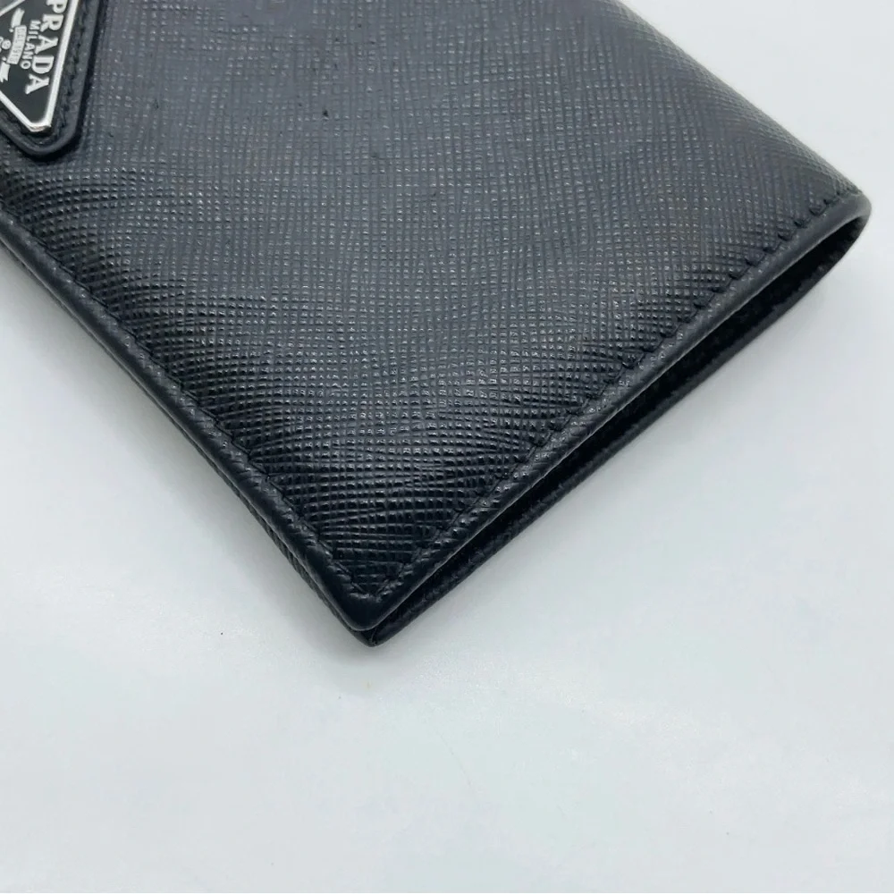 Prada Triangle Logo Saffiano Leather Black Bifold Wallet W/Box Authentic